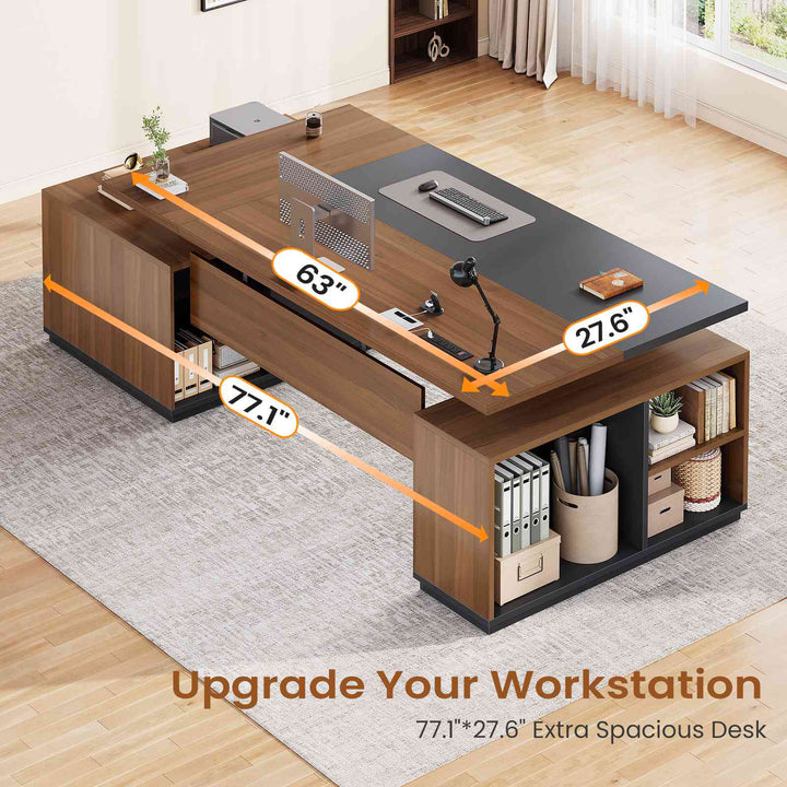 SEDETA 77.1 Inch Large Executive Electric Standing Desk Height Adjustable Executive Desk with 3 Drawers Storage Cabinet Sit Stand Home Office Desk with Open Storage Compartments
