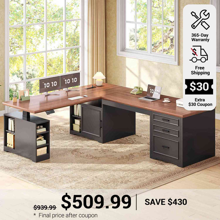 SEDETA 63 Inch Farmhouse L Shaped Standing Desk with Storage Height Adjustable Desk Convertible L Shaped Desk or 2 person Desk Computer Desks with Power Outlet