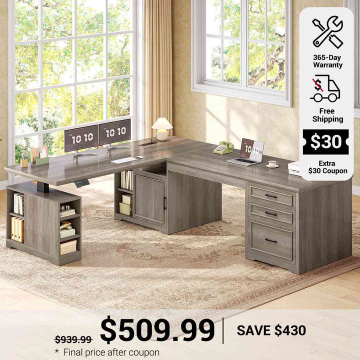 SEDETA 63 Inch Farmhouse L Shaped Standing Desk with Storage Height Adjustable Desk Convertible L Shaped Desk or 2 person Desk Computer Desks with Power Outlet