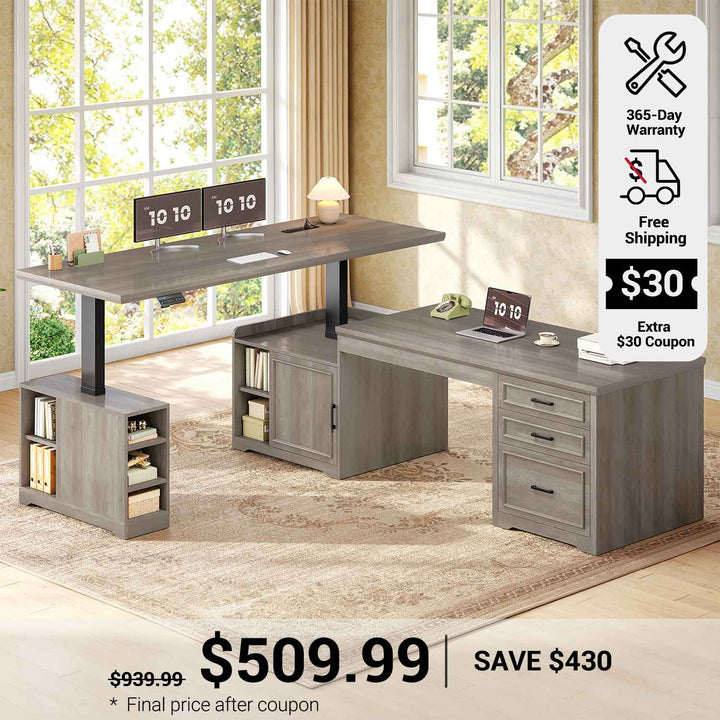 SEDETA 63 Inch Farmhouse L Shaped Standing Desk with Storage Height Adjustable Desk Convertible L Shaped Desk or 2 person Desk Computer Desks with Power Outlet