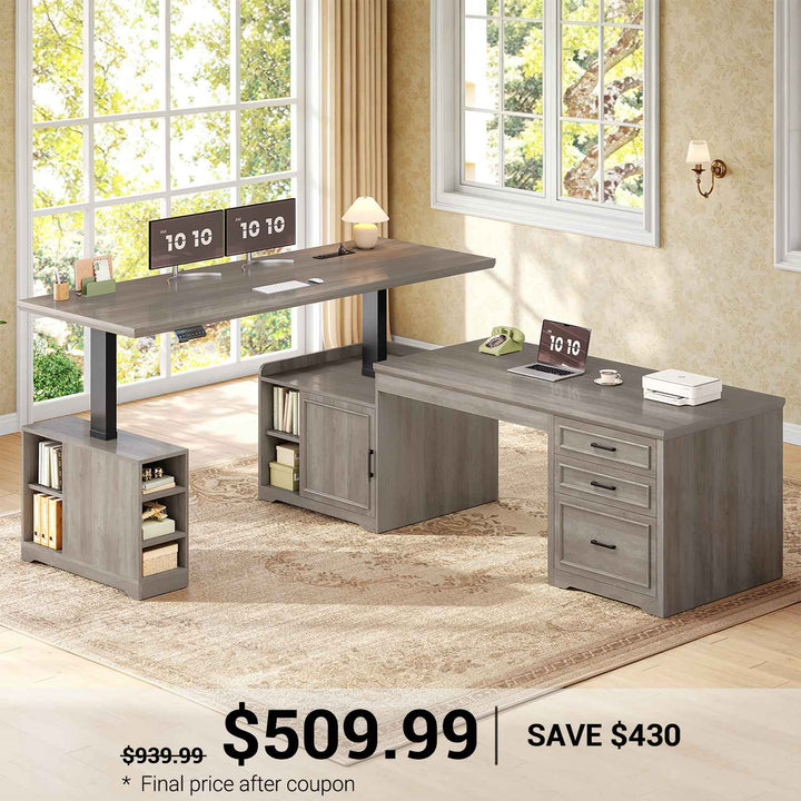 SEDETA 63 Inch Farmhouse L Shaped Standing Desk with Storage Height Adjustable Desk Convertible L Shaped Desk or 2 person Desk Computer Desks with Power Outlet