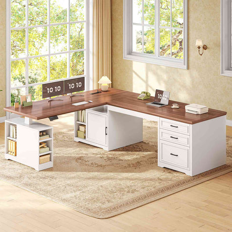 SEDETA 63 Inch Farmhouse L Shaped Standing Desk with Storage Height Adjustable Desk Convertible L Shaped Desk or 2 person Desk Computer Desks with Power Outlet