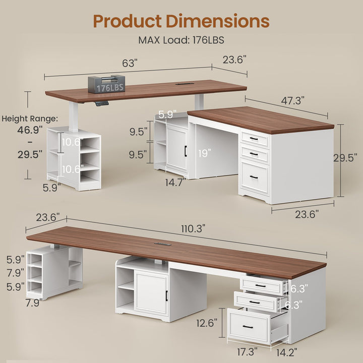 SEDETA 63 Inch Farmhouse L Shaped Standing Desk with Storage Height Adjustable Desk Convertible L Shaped Desk or 2 person Desk Computer Desks with Power Outlet