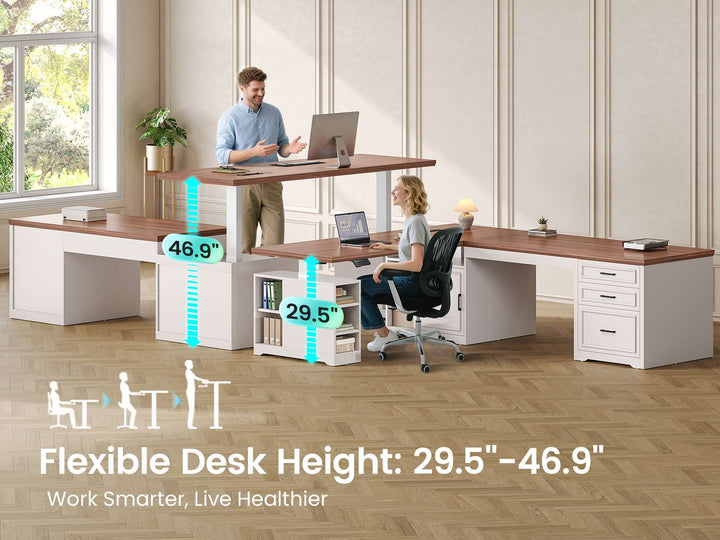 SEDETA 63 Inch Farmhouse L Shaped Standing Desk with Storage Height Adjustable Desk Convertible L Shaped Desk or 2 person Desk Computer Desks with Power Outlet