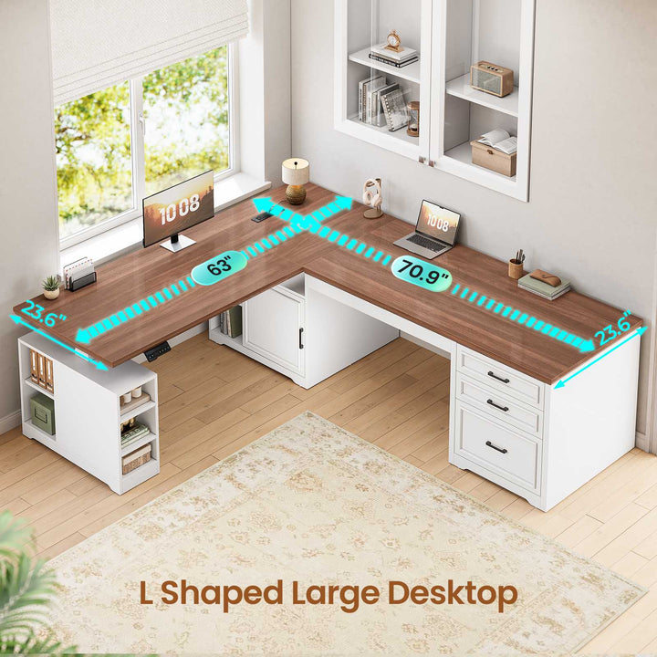 SEDETA 63 Inch Farmhouse L Shaped Standing Desk with Storage Height Adjustable Desk Convertible L Shaped Desk or 2 person Desk Computer Desks with Power Outlet