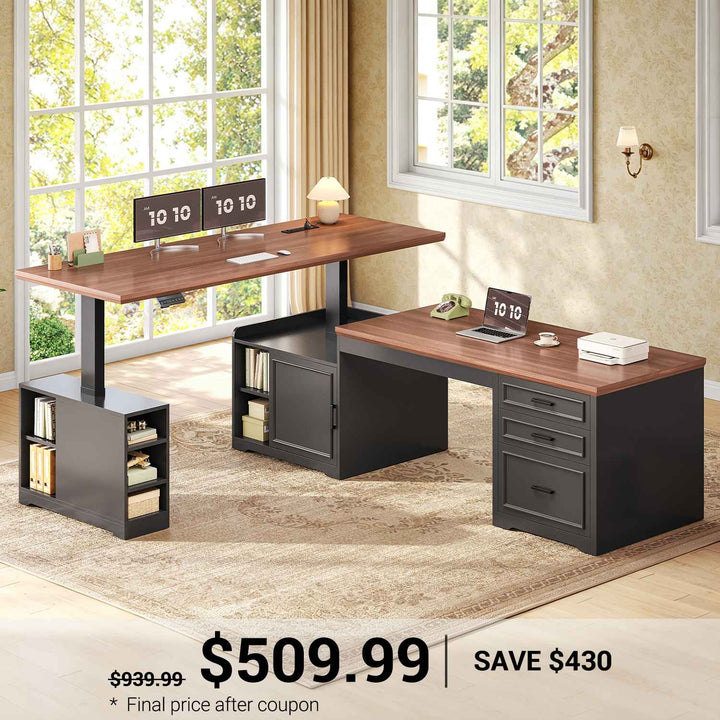SEDETA 63 Inch Farmhouse L Shaped Standing Desk with Storage Height Adjustable Desk Convertible L Shaped Desk or 2 person Desk Computer Desks with Power Outlet