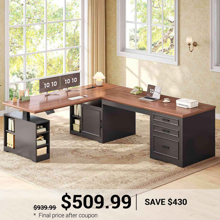 SEDETA 63 Inch Farmhouse L Shaped Standing Desk with Storage Height Adjustable Desk Convertible L Shaped Desk or 2 person Desk Computer Desks with Power Outlet