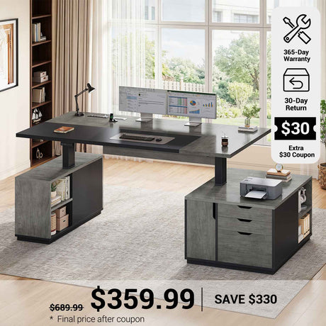 SEDETA® 77.1 Inch Height Adjustable Executive Desk with 3 Drawers Storage Cabinet Large Electric Standing Desk Sit Stand Home Office Desk with Open Storage Compartments