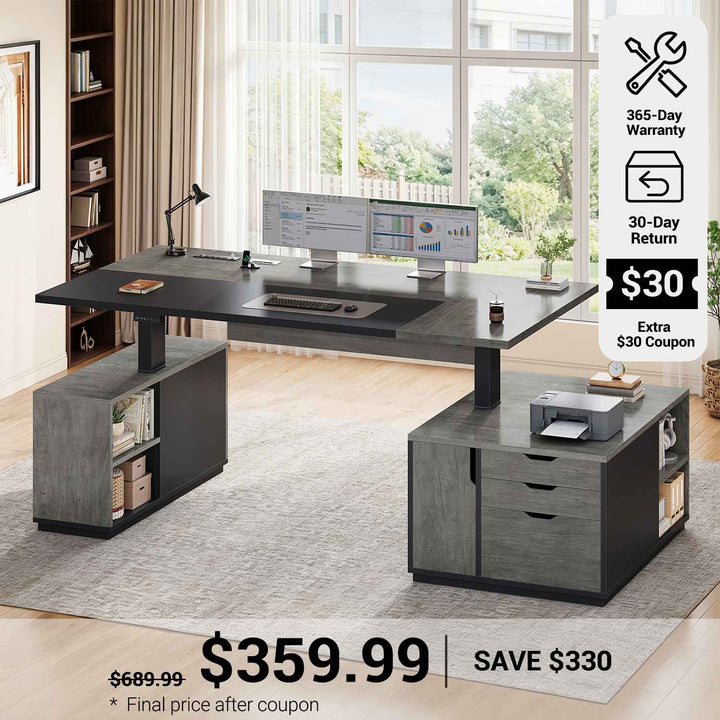 SEDETA® 77.1 Inch Height Adjustable Executive Desk with 3 Drawers Storage Cabinet Large Electric Standing Desk Sit Stand Home Office Desk with Open Storage Compartments