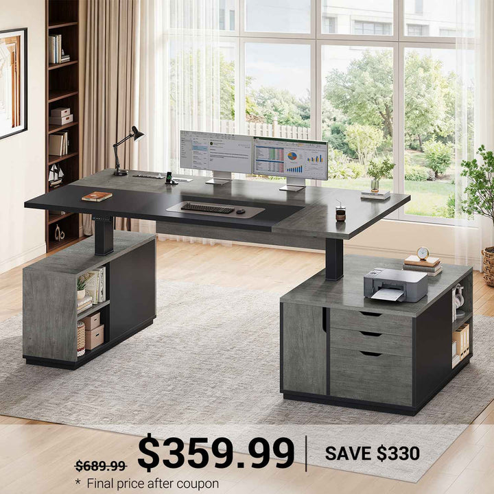SEDETA | 77.1 Inch Electric Standing Desk with 3 Drawers Storage Cabinet Height Adjustable Executive Desk Sit Stand Home Office Desk with Open Storage Compartments