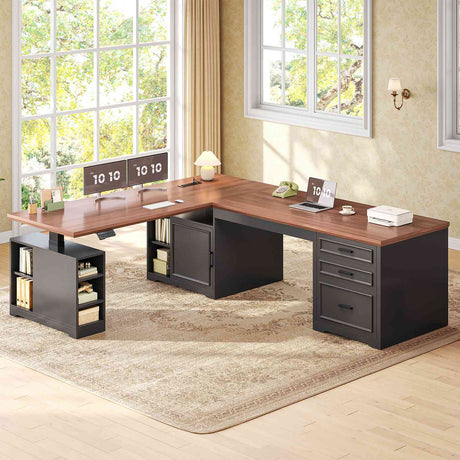 SEDETA® 63 Inch Height Adjustable Desk with 3 Drawers Power Outlet Farmhouse L Shaped Standing Desk with Storage Convertible Computer Desk for 2 Person