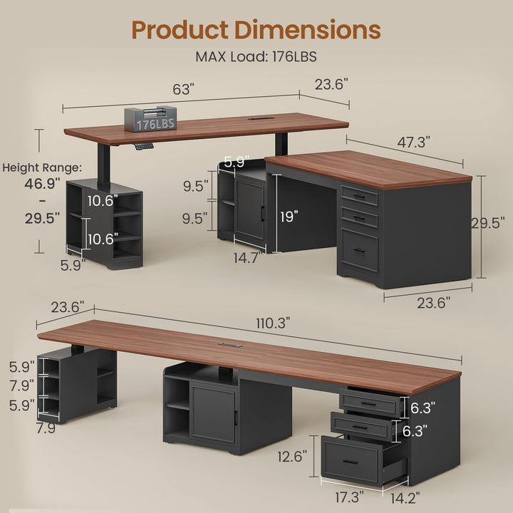 SEDETA 63 Inch Farmhouse L Shaped Standing Desk with Storage Height Adjustable Desk Convertible L Shaped Desk or 2 person Desk Computer Desks with Power Outlet