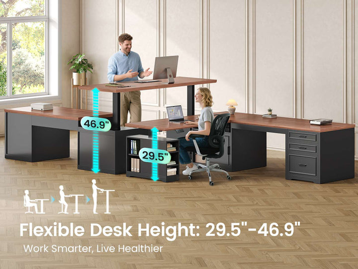 SEDETA 63 Inch Farmhouse L Shaped Standing Desk with Storage Height Adjustable Desk Convertible L Shaped Desk or 2 person Desk Computer Desks with Power Outlet