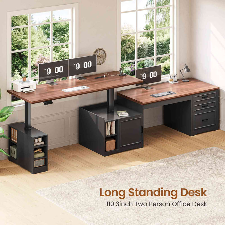 SEDETA 63 Inch Farmhouse L Shaped Standing Desk with Storage Height Adjustable Desk Convertible L Shaped Desk or 2 person Desk Computer Desks with Power Outlet