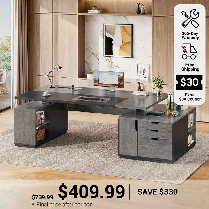 SEDETA 77.1 Inch Large Executive Electric Standing Desk Height Adjustable Executive Desk with 3 Drawers Storage Cabinet Sit Stand Home Office Desk with Open Storage Compartments