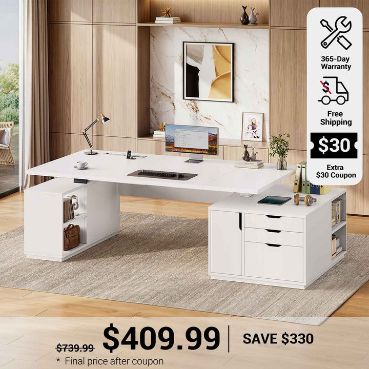 SEDETA 77.1 Inch Large Executive Electric Standing Desk Height Adjustable Executive Desk with 3 Drawers Storage Cabinet Sit Stand Home Office Desk with Open Storage Compartments