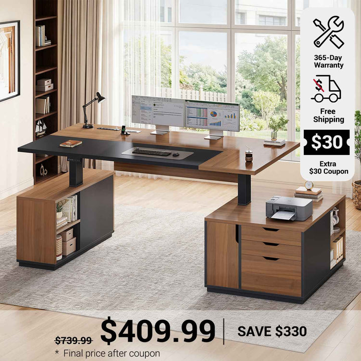 SEDETA 77.1 Inch Large Executive Electric Standing Desk Height Adjustable Executive Desk with 3 Drawers Storage Cabinet Sit Stand Home Office Desk with Open Storage Compartments