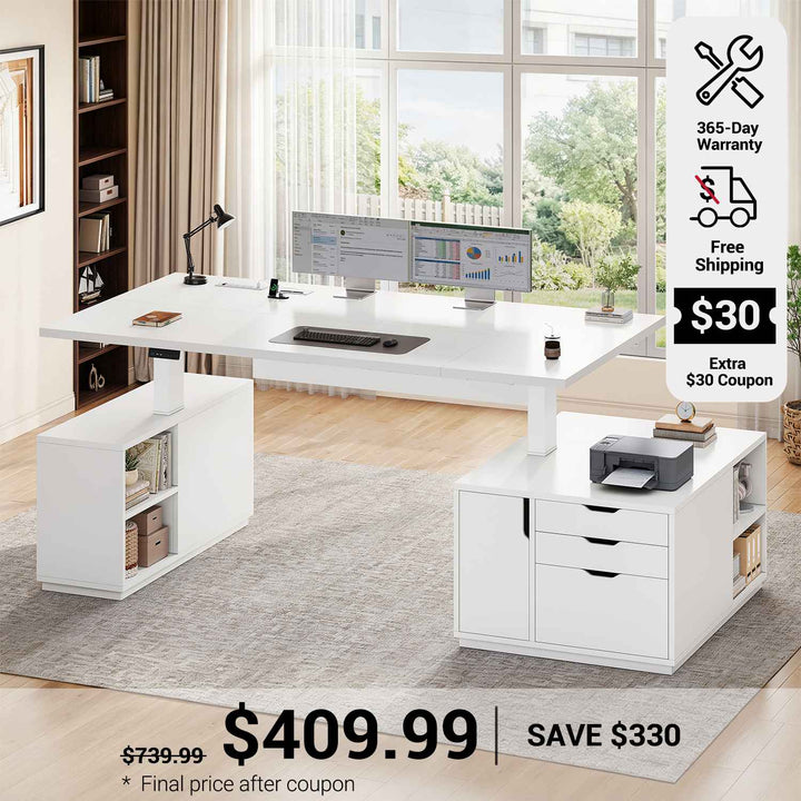 SEDETA 77.1 Inch Large Executive Electric Standing Desk Height Adjustable Executive Desk with 3 Drawers Storage Cabinet Sit Stand Home Office Desk with Open Storage Compartments