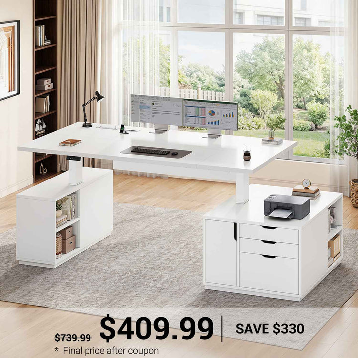 SEDETA 77.1 Inch Large Executive Electric Standing Desk Height Adjustable Executive Desk with 3 Drawers Storage Cabinet Sit Stand Home Office Desk with Open Storage Compartments