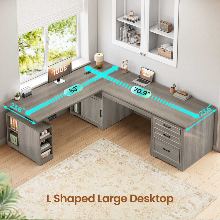 SEDETA 63 Inch Farmhouse L Shaped Standing Desk with Storage Height Adjustable Desk Convertible L Shaped Desk or 2 person Desk Computer Desks with Power Outlet