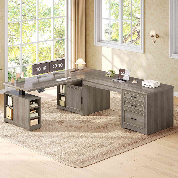 SEDETA 63 Inch Farmhouse L Shaped Standing Desk with Storage Height Adjustable Desk Convertible L Shaped Desk or 2 person Desk Computer Desks with Power Outlet