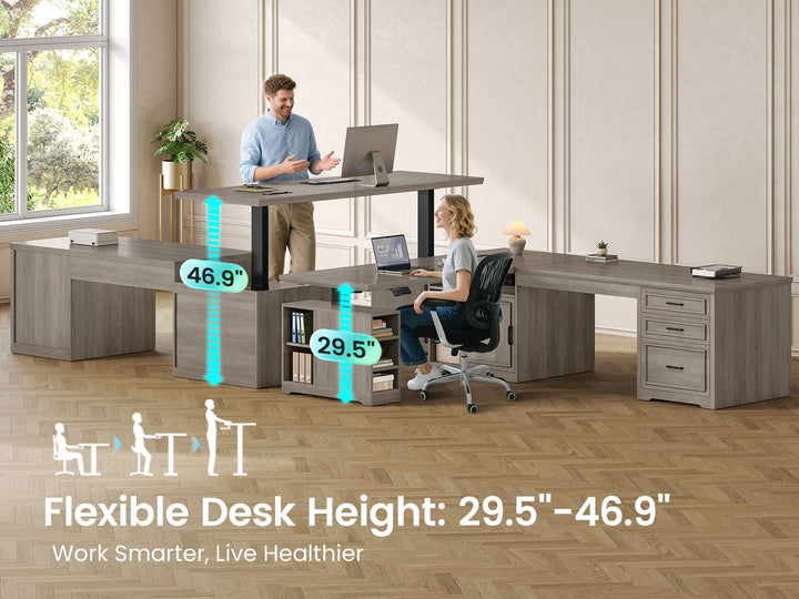 SEDETA 63 Inch Farmhouse L Shaped Standing Desk with Storage Height Adjustable Desk Convertible L Shaped Desk or 2 person Desk Computer Desks with Power Outlet