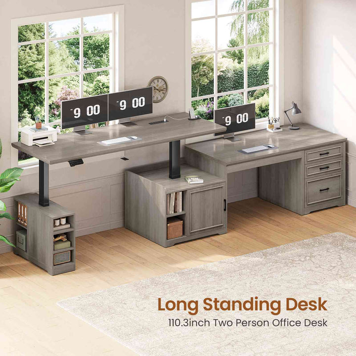 SEDETA 63 Inch Farmhouse L Shaped Standing Desk with Storage Height Adjustable Desk Convertible L Shaped Desk or 2 person Desk Computer Desks with Power Outlet