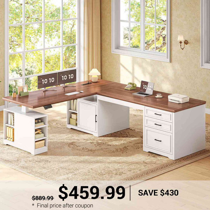 SEDETA® 63 Inch Height Adjustable Desk with 3 Drawers Power Outlet Farmhouse L Shaped Standing Desk with Storage Convertible Computer Desk for 2 Person