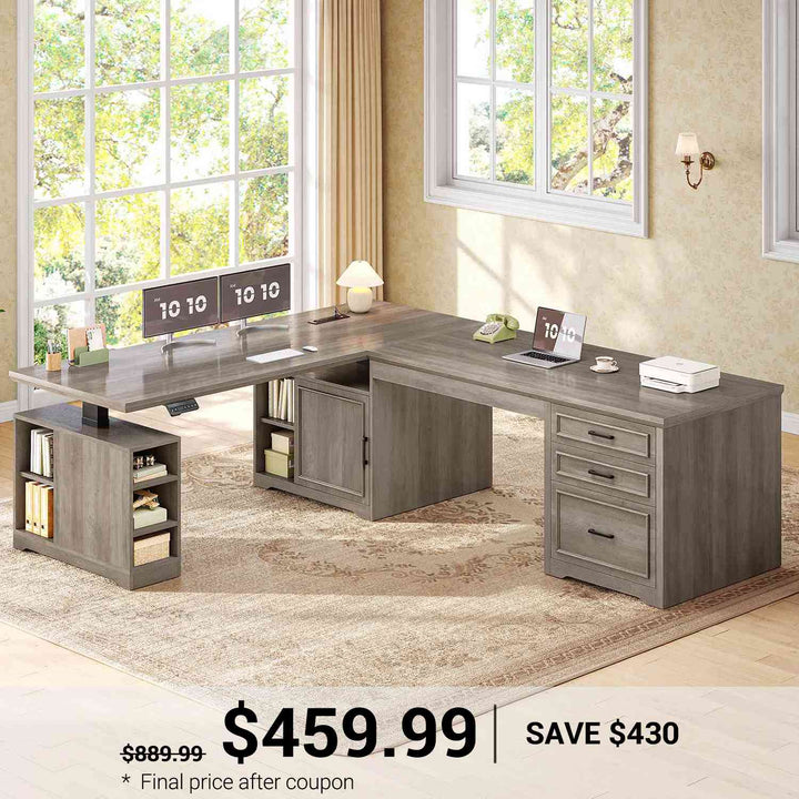 SEDETA® 63 Inch Height Adjustable Desk with 3 Drawers Power Outlet Farmhouse L Shaped Standing Desk with Storage Convertible Computer Desk for 2 Person