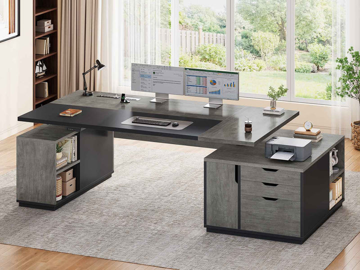 SEDETA 77.1 Inch Large Executive Electric Standing Desk Height Adjustable Executive Desk with 3 Drawers Storage Cabinet Sit Stand Home Office Desk with Open Storage Compartments