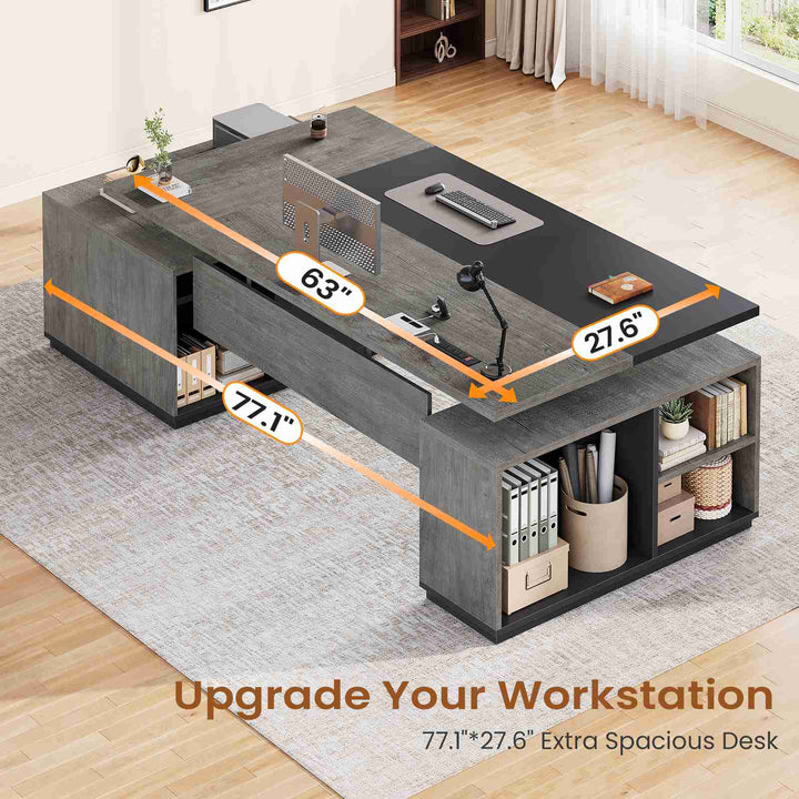 SEDETA 77.1 Inch Large Executive Electric Standing Desk Height Adjustable Executive Desk with 3 Drawers Storage Cabinet Sit Stand Home Office Desk with Open Storage Compartments