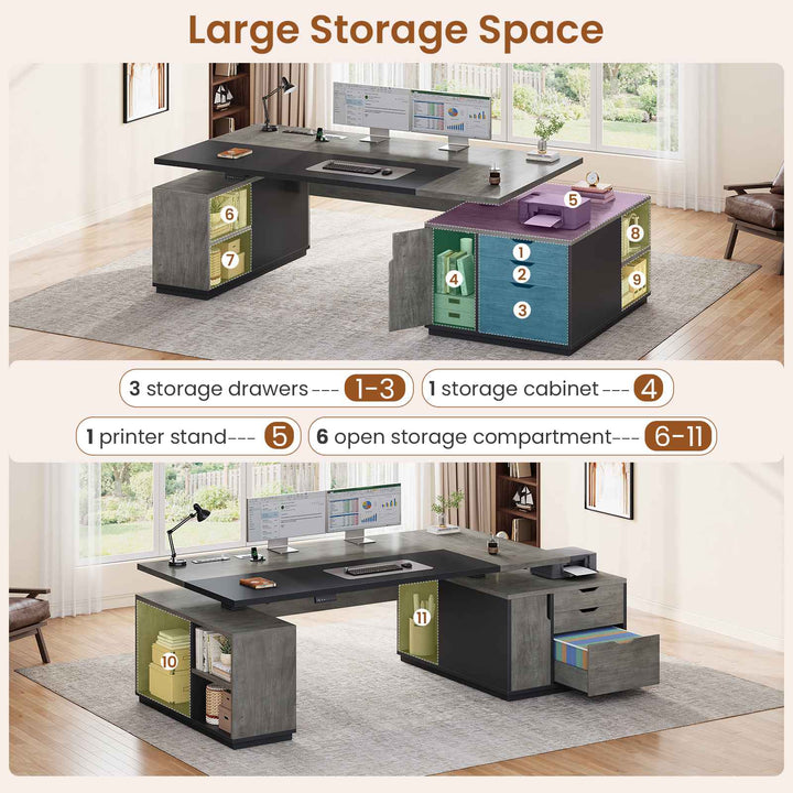 SEDETA 77.1 Inch Large Executive Electric Standing Desk Height Adjustable Executive Desk with 3 Drawers Storage Cabinet Sit Stand Home Office Desk with Open Storage Compartments