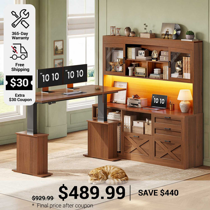 SEDETA 69 Inch L Shaped Gaming Standing Desk with 4 Drawers Storage Bookshelf Farmhouse Height Adjustable Office Desk with Storage Shelves LED Lights Power Outlet for Home Office