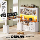 SEDETA 69 Inch L Shaped Gaming Standing Desk with 4 Drawers Storage Bookshelf Farmhouse Height Adjustable Office Desk with Storage Shelves LED Lights Power Outlet for Home Office