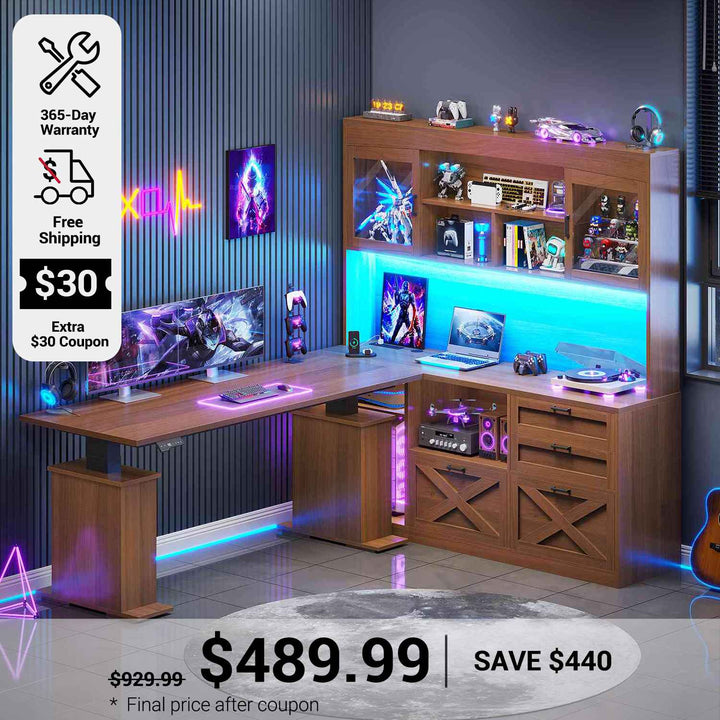 SEDETA 69 Inch L Shaped Gaming Standing Desk with 4 Drawers Storage Bookshelf Farmhouse Height Adjustable Office Desk with Storage Shelves LED Lights Power Outlet for Home Office