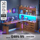 SEDETA 69 Inch L Shaped Gaming Standing Desk with 4 Drawers Storage Bookshelf Farmhouse Height Adjustable Office Desk with Storage Shelves LED Lights Power Outlet for Home Office