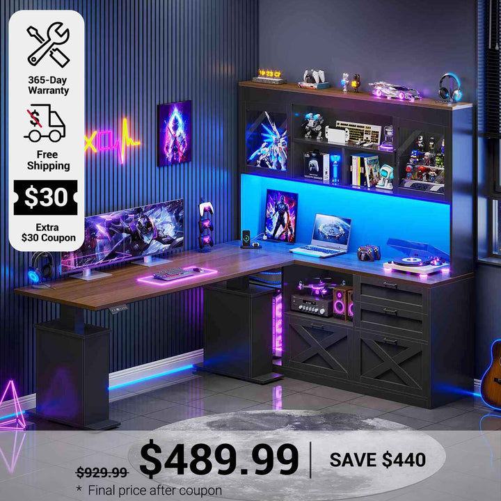 SEDETA 69 Inch L Shaped Gaming Standing Desk with 4 Drawers Storage Bookshelf Farmhouse Height Adjustable Office Desk with Storage Shelves LED Lights Power Outlet for Home Office