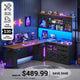 SEDETA 69 Inch L Shaped Gaming Standing Desk with 4 Drawers Storage Bookshelf Farmhouse Height Adjustable Office Desk with Storage Shelves LED Lights Power Outlet for Home Office