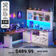 SEDETA 69 Inch L Shaped Gaming Standing Desk with 4 Drawers Storage Bookshelf Farmhouse Height Adjustable Office Desk with Storage Shelves LED Lights Power Outlet for Home Office
