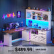 SEDETA 69 Inch L Shaped Gaming Standing Desk with 4 Drawers Storage Bookshelf Farmhouse Height Adjustable Office Desk with Storage Shelves LED Lights Power Outlet for Home Office