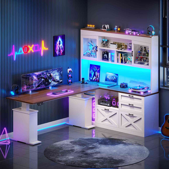 SEDETA 69 Inch L Shaped Gaming Standing Desk with 4 Drawers Storage Bookshelf Farmhouse Height Adjustable Office Desk with Storage Shelves LED Lights Power Outlet for Home Office