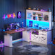 SEDETA 69 Inch L Shaped Gaming Standing Desk with 4 Drawers Storage Bookshelf Farmhouse Height Adjustable Office Desk with Storage Shelves LED Lights Power Outlet for Home Office