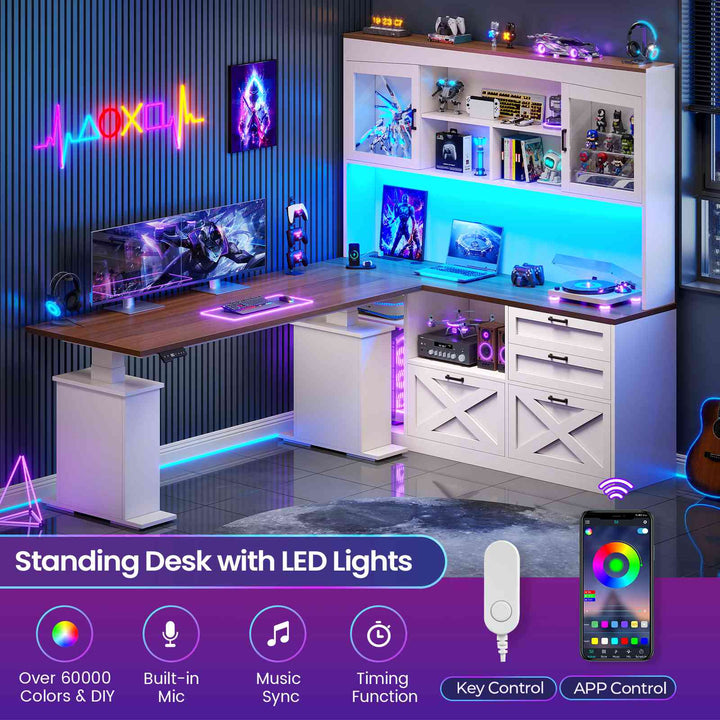 SEDETA 69 Inch L Shaped Gaming Standing Desk with 4 Drawers Storage Bookshelf Farmhouse Height Adjustable Office Desk with Storage Shelves LED Lights Power Outlet for Home Office