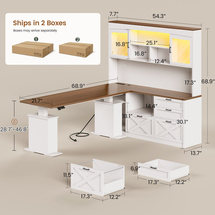 SEDETA 69 Inch L Shaped Gaming Standing Desk with 4 Drawers Storage Bookshelf Farmhouse Height Adjustable Office Desk with Storage Shelves LED Lights Power Outlet for Home Office