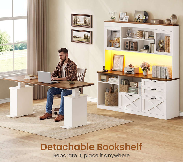 SEDETA 69 Inch L Shaped Gaming Standing Desk with 4 Drawers Storage Bookshelf Farmhouse Height Adjustable Office Desk with Storage Shelves LED Lights Power Outlet for Home Office