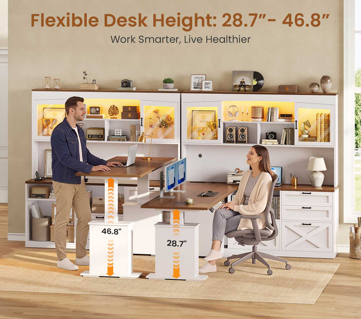 SEDETA 69 Inch L Shaped Gaming Standing Desk with 4 Drawers Storage Bookshelf Farmhouse Height Adjustable Office Desk with Storage Shelves LED Lights Power Outlet for Home Office