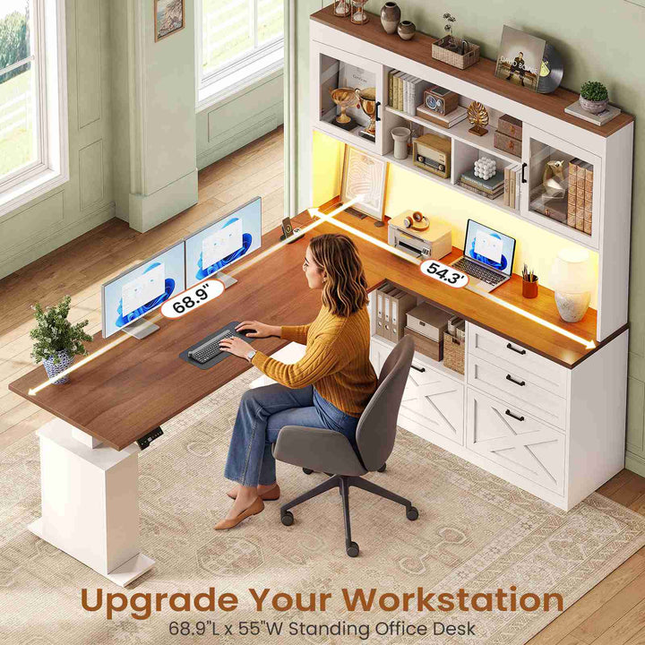 SEDETA 69 Inch L Shaped Gaming Standing Desk with 4 Drawers Storage Bookshelf Farmhouse Height Adjustable Office Desk with Storage Shelves LED Lights Power Outlet for Home Office
