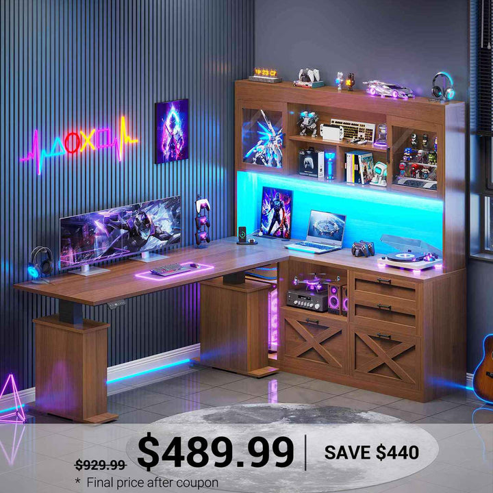 SEDETA 69 Inch L Shaped Gaming Standing Desk with 4 Drawers Storage Bookshelf Farmhouse Height Adjustable Office Desk with Storage Shelves LED Lights Power Outlet for Home Office