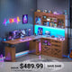 SEDETA 69 Inch L Shaped Gaming Standing Desk with 4 Drawers Storage Bookshelf Farmhouse Height Adjustable Office Desk with Storage Shelves LED Lights Power Outlet for Home Office