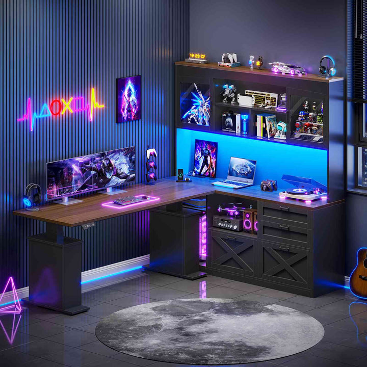 SEDETA 69 Inch L Shaped Gaming Standing Desk with 4 Drawers Storage Bookshelf Farmhouse Height Adjustable Office Desk with Storage Shelves LED Lights Power Outlet for Home Office